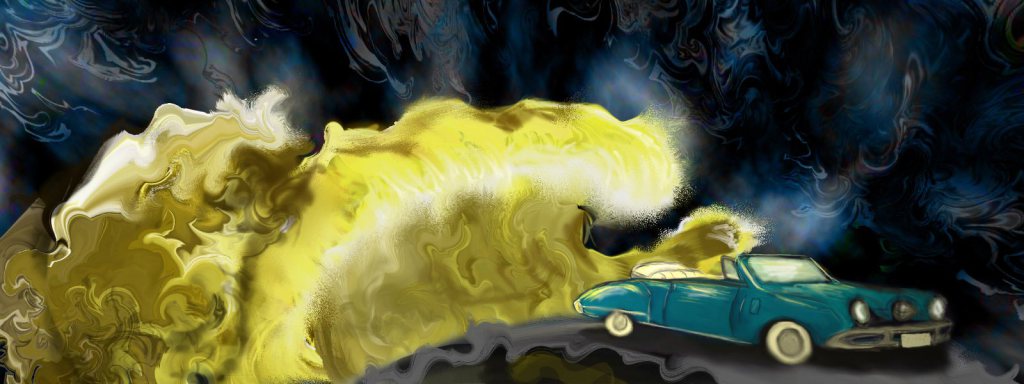 A Studebaker flanked by waves of gold, painted by Peyton Morris